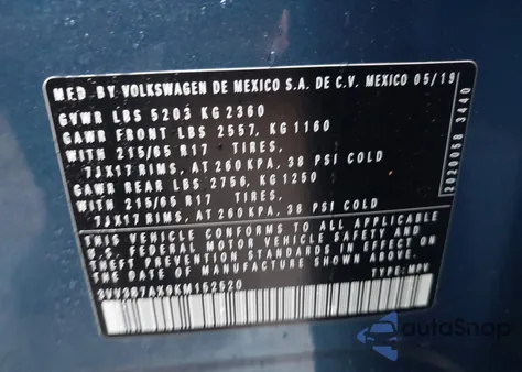 2019 Volkswagen Tiguan Se/Sel/Sel R-Line Jet-Black/Sel R-Line from USA, damaged, VIN 3VV3B7AX9KM152520